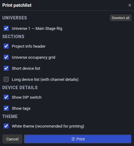 Print Patchlist Configuration Modal - Customizing universes, printable sections, DIP switch diagrams, and paper-friendly white theme