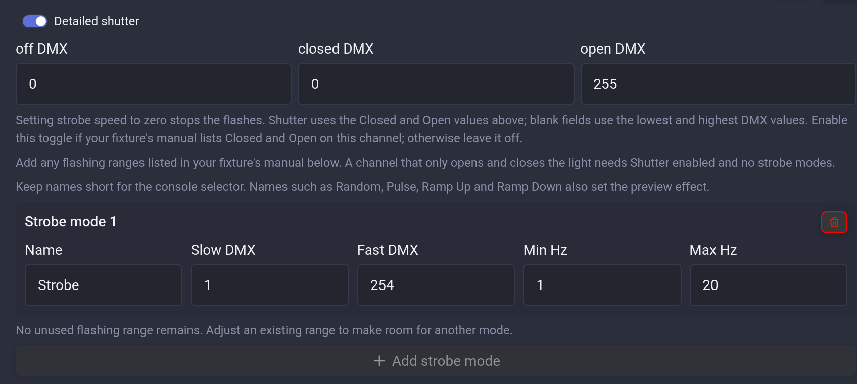 Detailed shutter endpoints and a strobe mode with DMX and frequency ranges