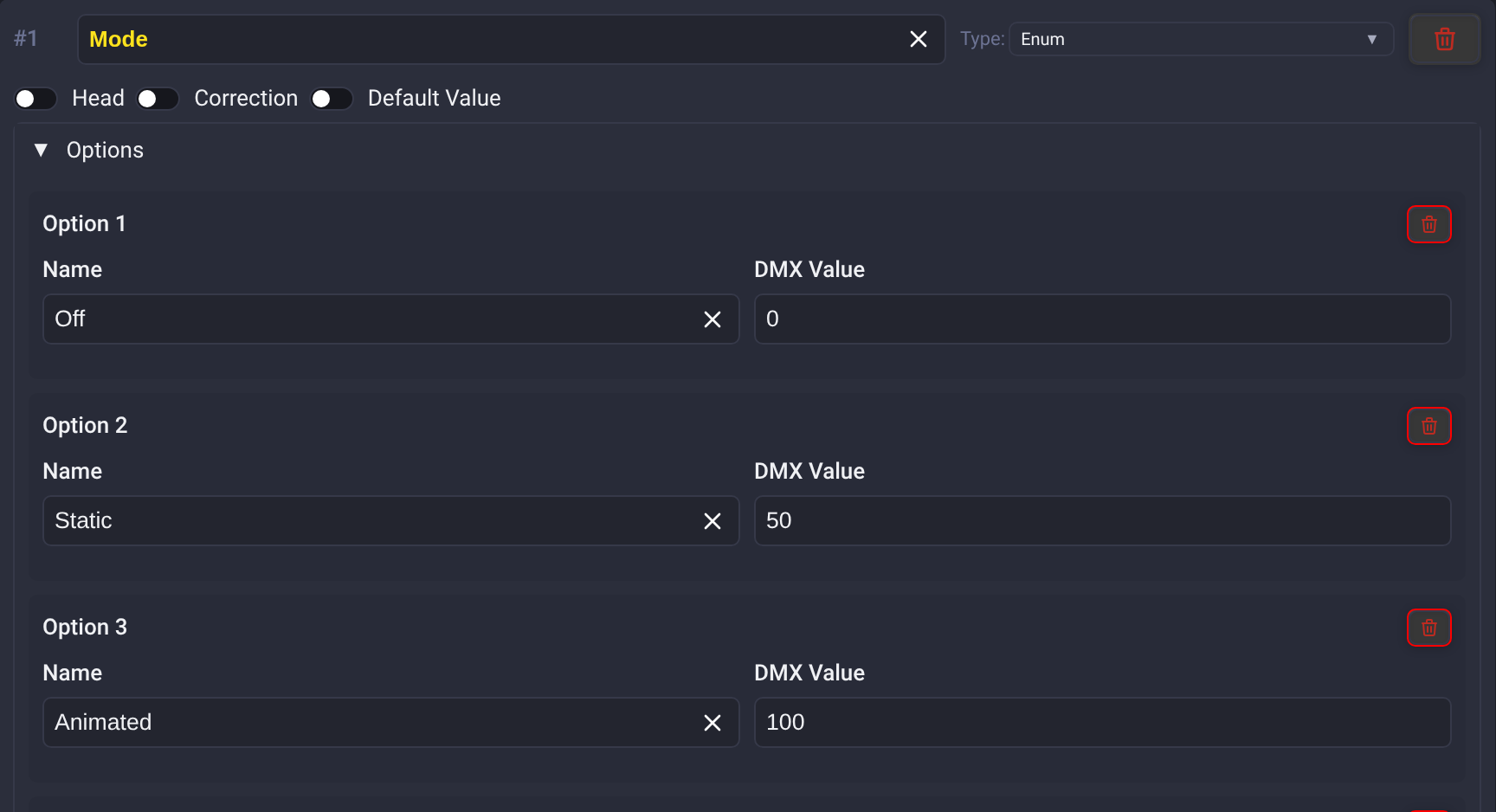 Unilighter Fixture Profile Editor - Stepped enum channel options configuration with custom names and discrete DMX values