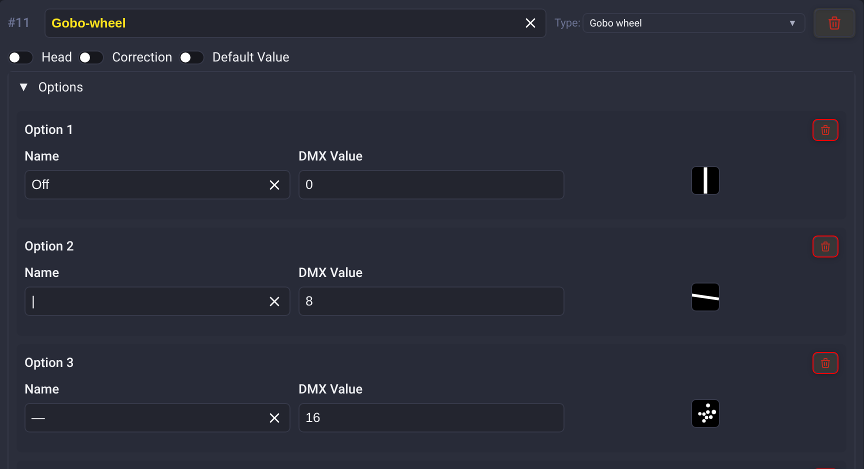 Unilighter Fixture Profile Editor - Gobo wheel channel setup with vector SVG pattern previews and built-in editor integration