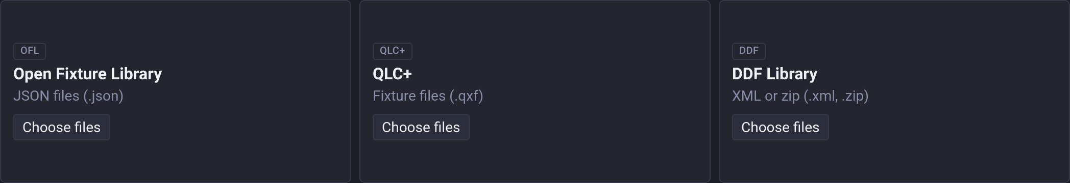 Local profile file selectors for OFL, QLC+ and DDF