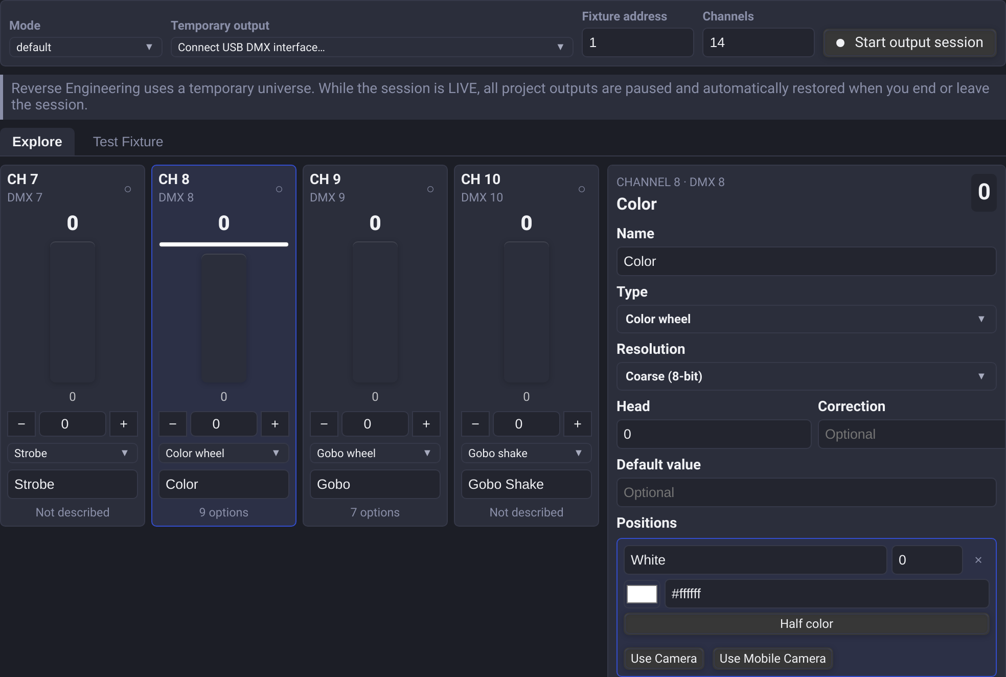 Reverse Engineering channel controls and color-wheel positions with camera capture actions
