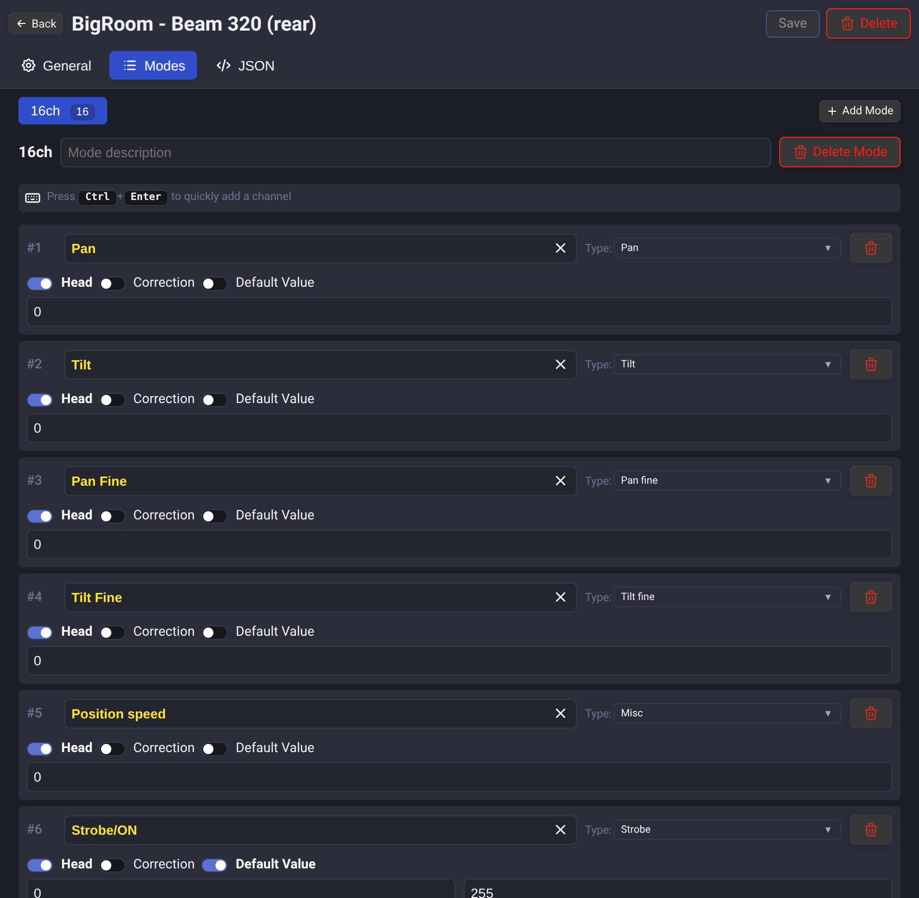Unilighter Fixture Profile Editor - Full interface overview showing personality modes, channel topology, and DMX addressing configuration
