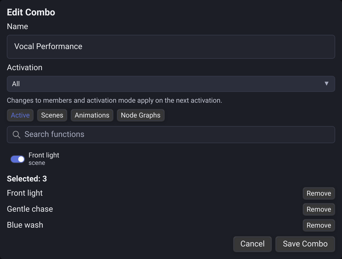 Combo editor selecting existing front light, chase and wash functions