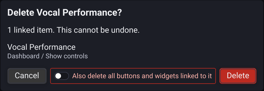Function deletion confirmation listing linked controls with cleanup off by default