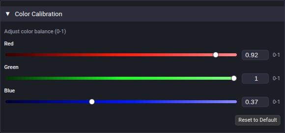 Unilighter Color Calibration Card - Hardware diode trimming with Red, Green, and Blue sliders (0.000 to 1.000) and Reset to Default