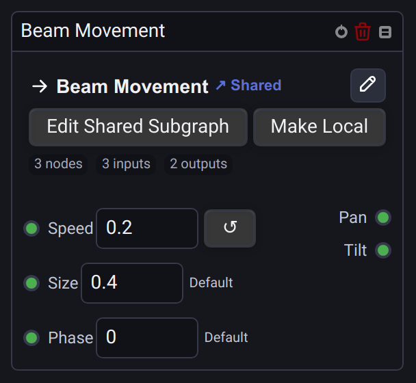 Shared Beam Movement instance with Speed, Size and Phase parameters and Pan and Tilt outputs
