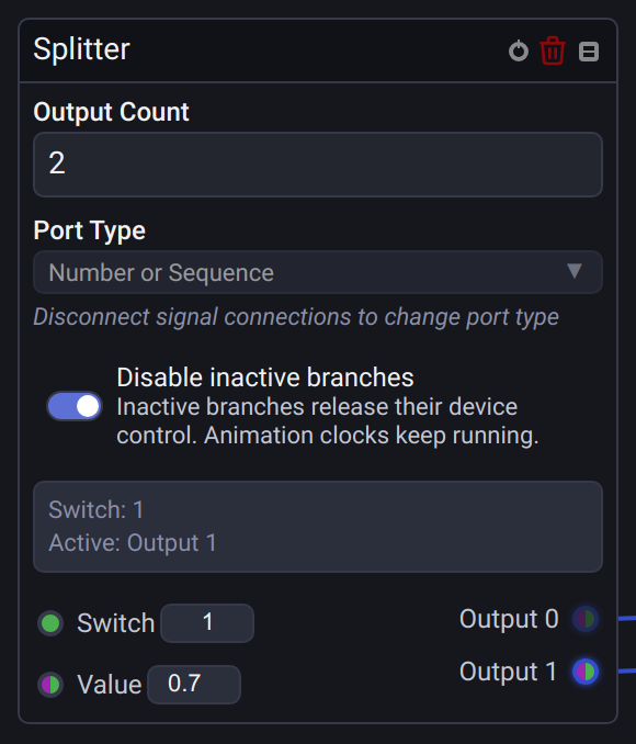 Splitter with two outputs, branch disabling enabled and Output 1 selected