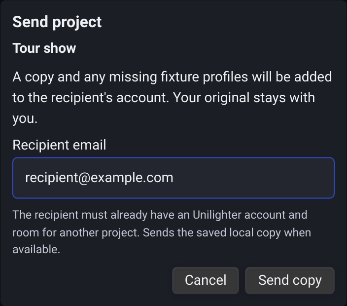 Send project dialog with the recipient email and Send copy action