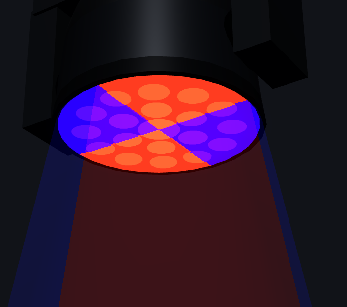 A moving wash lens and its beam showing matching red and blue segments