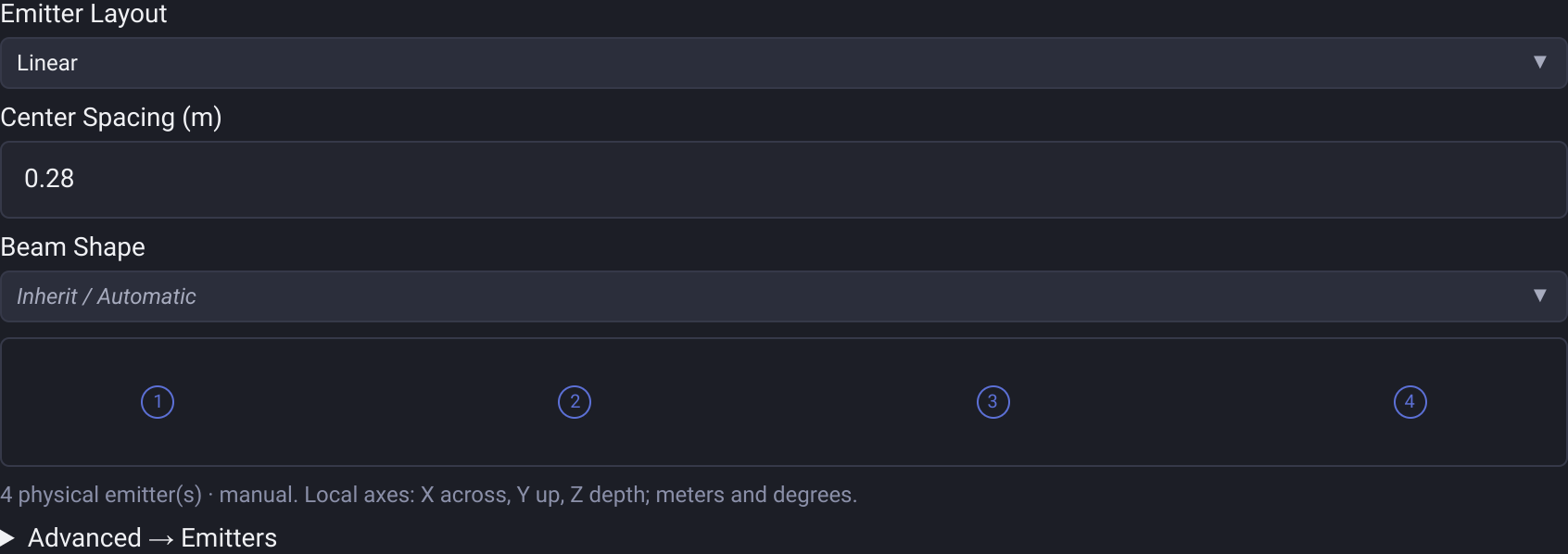 Emitter Layout settings with four sources in a centered line and editable center spacing