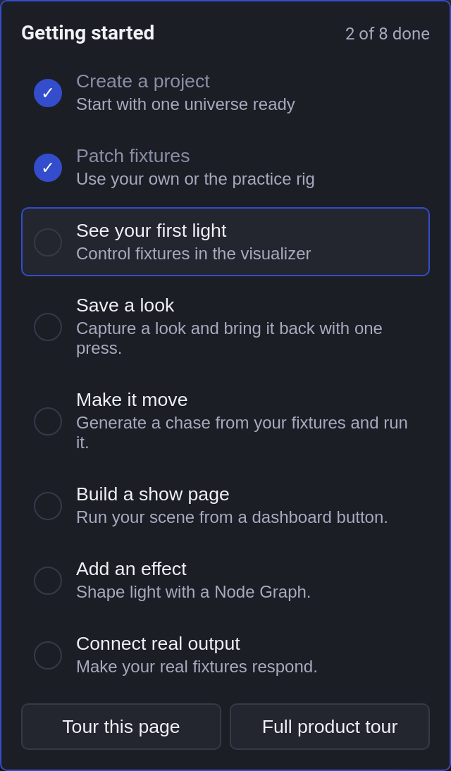 Getting-started checklist with all eight milestones and page and product tours
