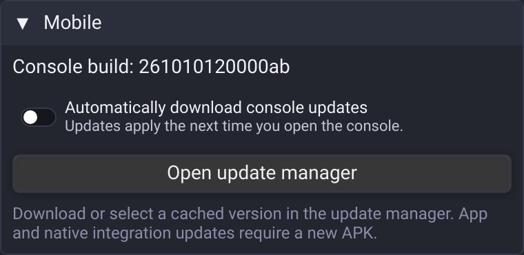 Mobile console update settings