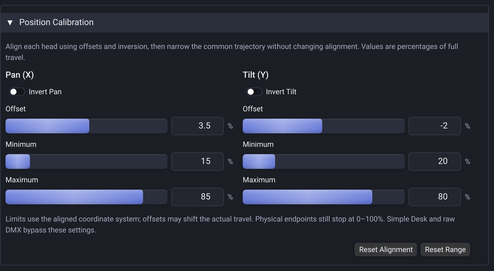 Position Calibration with independent Pan and Tilt offsets, inversion, movement limits, and separate reset actions