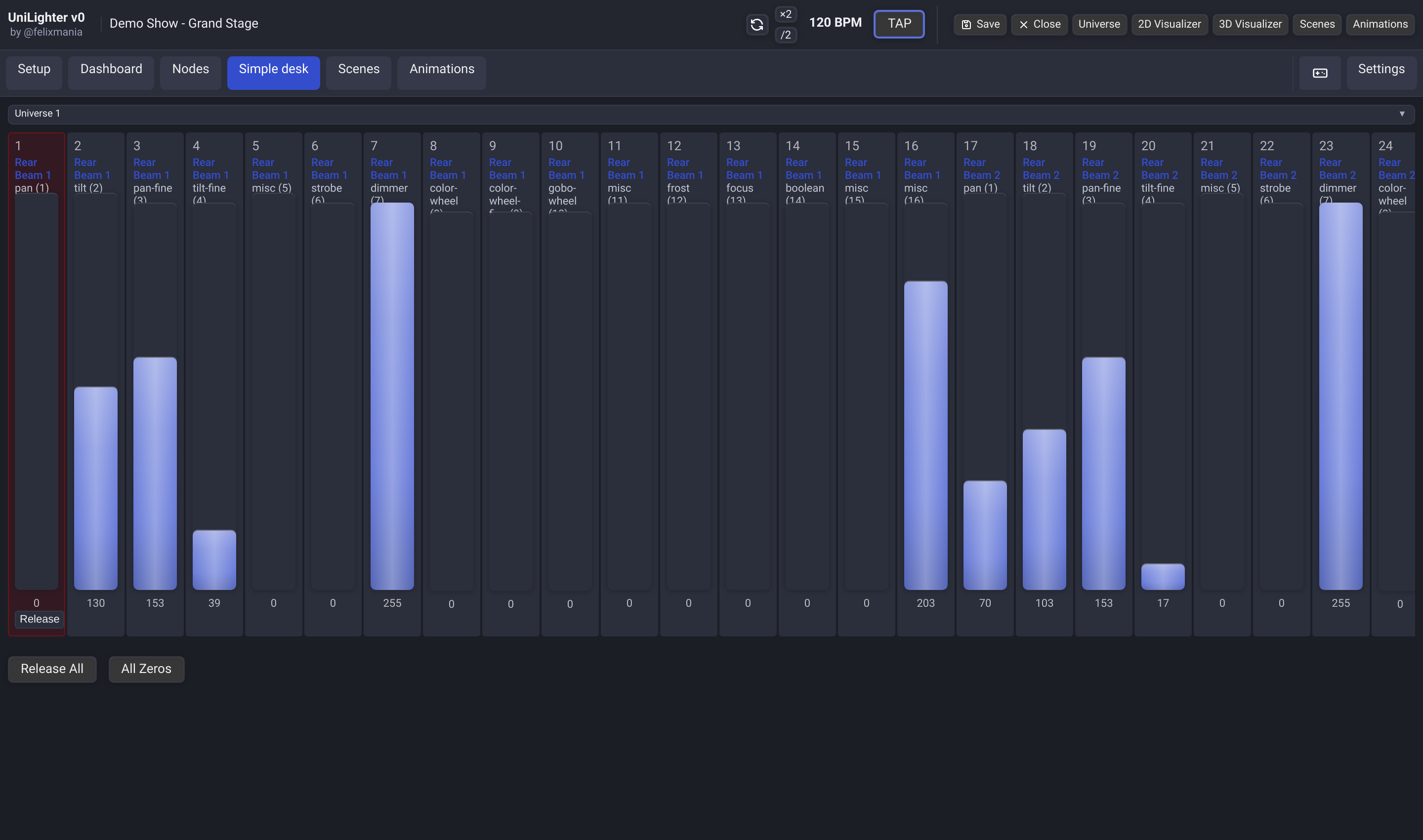 Step 1: Baseline state in Unilighter Simple Desk — all channel faders at 0%
