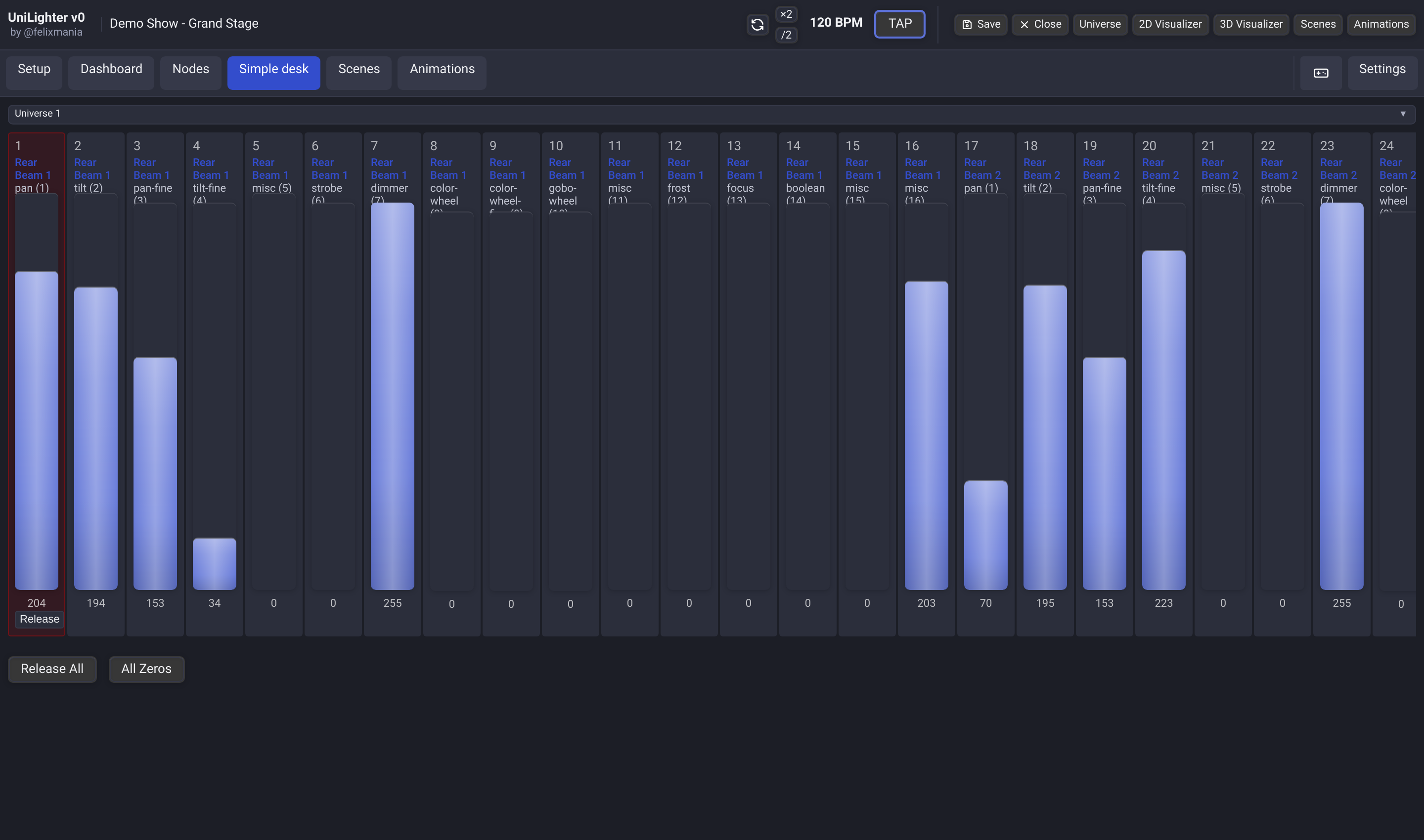 Step 2: Fader 1 raised to 80% (value 204) — red manual control outline active